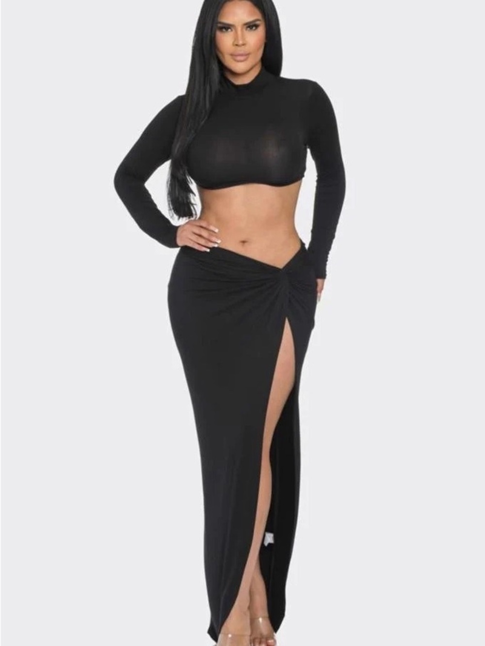 Black Long Sleeve Crop Top & High-Slit Maxi Skirt Set